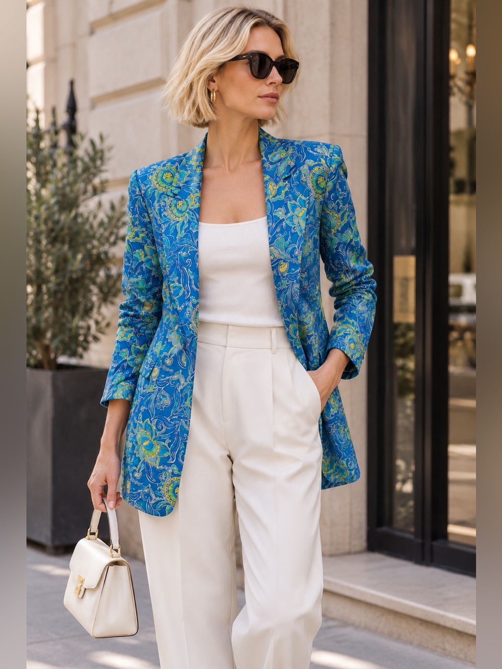 Zara Floral Print Open Front Blazer Size M Blue Green Longline